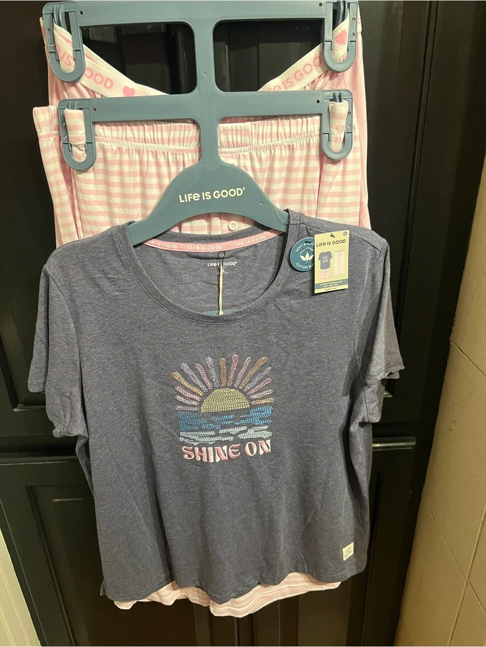 Life Is Good Women’s Navy Short Sleeve Tee with Pink Stripe 3 Piece Pajama Set